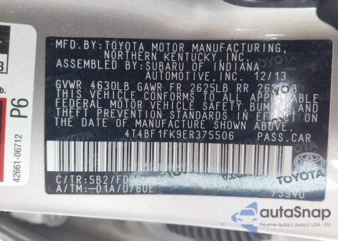 2014 Toyota Camry Le from USA, damaged, VIN 4T4BF1FK9ER375506